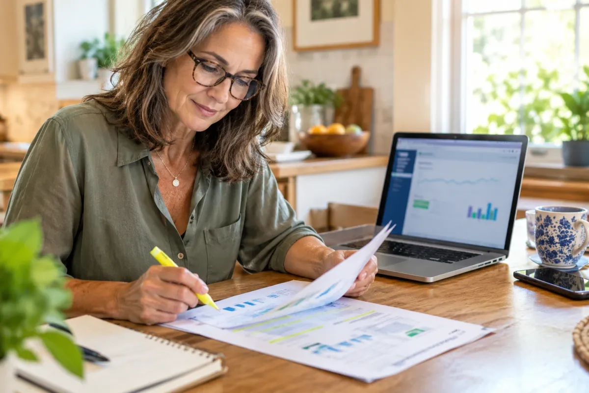 A woman reviewing her own printed lab results with a highlighter at her kitchen table